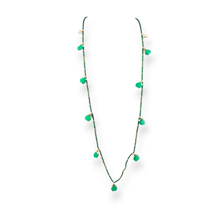Collana Bijoux Charlestone Di Cristalli CZ Con Pietre Dure E Perle Di Maiorca Con Ematite 90cm Giada Verde