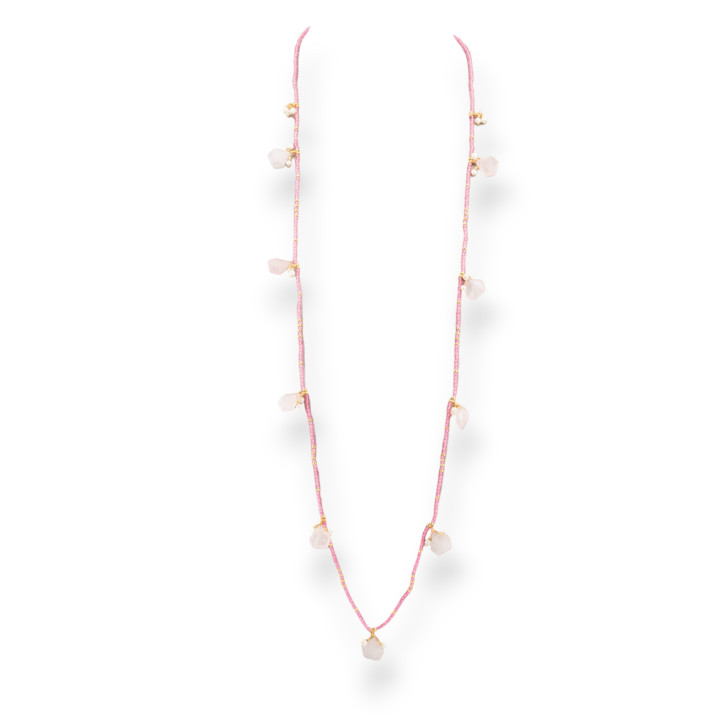 Collana Charlestone Di Cristalli CZ Con Pietre Dure E Perle Di Maiorca Con Ematite 90cm Quarzo Rosa