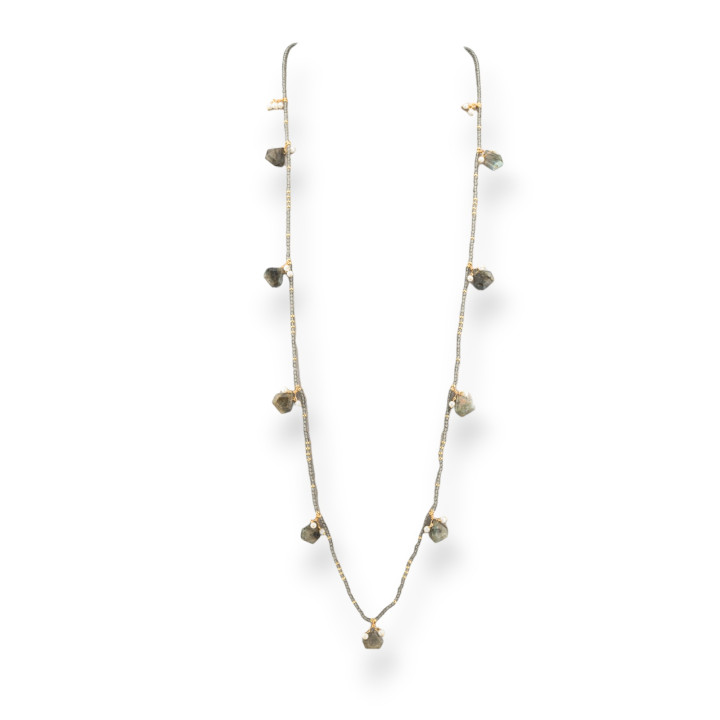 Collana Bijoux Charlestone Di Cristalli CZ Con Pietre Dure E Perle Di Maiorca Con Ematite 90cm Unakite