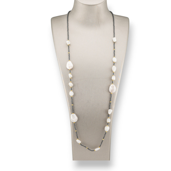 Collana Bijoux Charlestone Di Ematite Con Perle Di Fiume Barocche Piatte E Pietre Dure 90cm Bianco