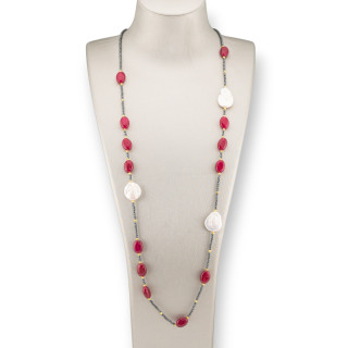 Collana Bijoux Charlestone Di Ematite Con Perle Di Fiume Barocche Piatte E Pietre Dure 90cm Giada Rosso