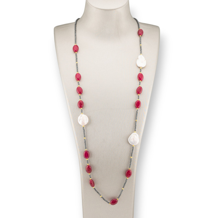 Collana Charlestone Di Ematite Con Perle Di Fiume Barocche Piatte E Pietre Dure 90cm Giada Rosso