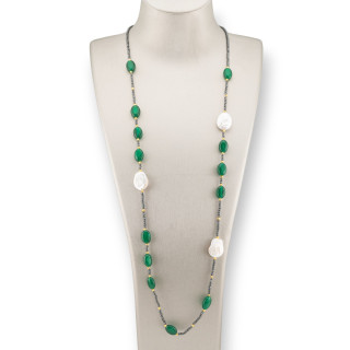 Collana Bijoux Charlestone Di Ematite Con Perle Di Fiume Barocche Piatte E Pietre Dure 90cm Giada Verde