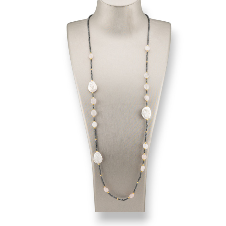 Collana Bijoux Charlestone Di Ematite Con Perle Di Fiume Barocche Piatte E Pietre Dure 90cm Quarzo Rosa