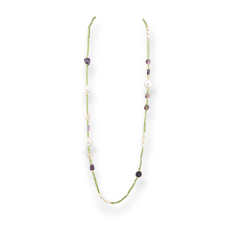 Collana Bijoux Di Cristalli CZ Con Perle Di Maiorca Pietre Dure E Ematite 90cm Fluorite