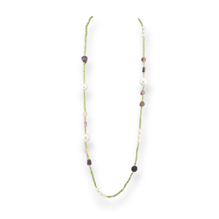 Collana Bijoux Di Cristalli CZ Con Perle Di Maiorca Pietre Dure E Ematite 90cm Fluorite