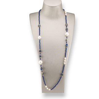 Collana Bijoux Di Cristalli CZ Con Perle Di Maiorca Pietre Dure E Ematite 90cm Lapis
