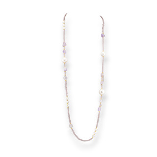 Collana Bijoux Di Cristalli CZ Con Perle Di Maiorca Pietre Dure E Ematite 90cm Lavanda