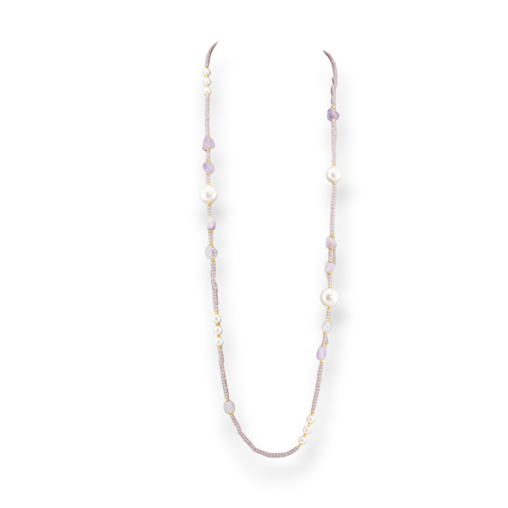 Collana Di Cristalli CZ Con Perle Di Maiorca Pietre Dure E Ematite 90cm Lavanda