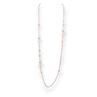 Collana Bijoux Di Cristalli CZ Con Perle Di Maiorca Pietre Dure E Ematite 90cm Rosa