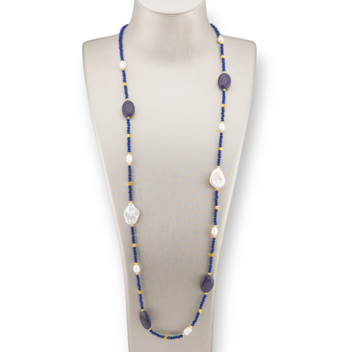 Collana Bijoux Di Cristalli CZ Con Pietre Dure E Perle Barocche Con Ematite 90cm Blu