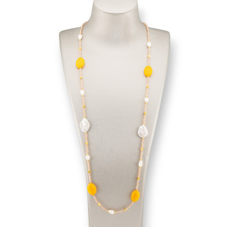 Collana Bijoux Di Cristalli CZ Con Pietre Dure E Perle Barocche Con Ematite 90cm Giallo
