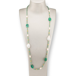 Collana Di Cristalli CZ Con Pietre Dure E Perle Barocche Con Ematite 90cm Verde