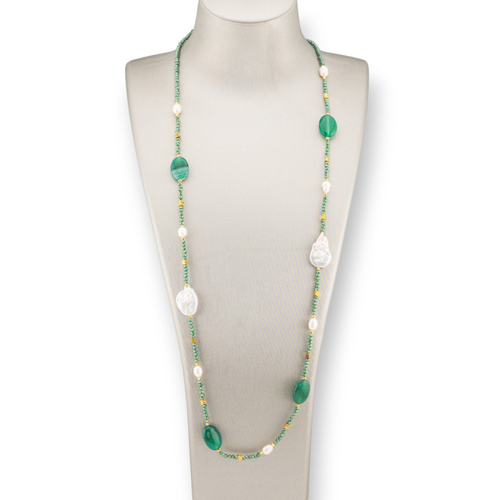 Collana Di Cristalli CZ Con Pietre Dure E Perle Barocche Con Ematite 90cm Verde