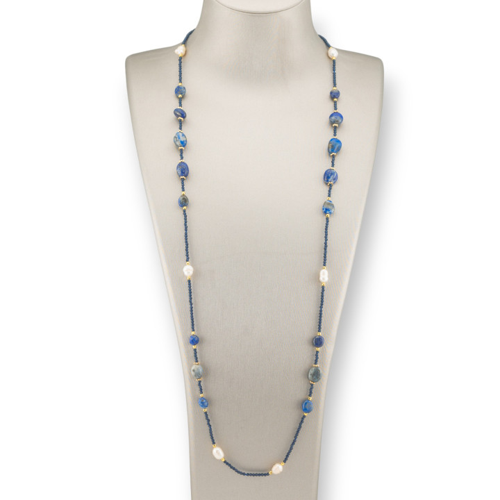 Collana Bijoux Di Cristalli CZ Con Pietre Dure, Perle Di Fiume E Ematite 90cm Blu Lapislazzuli