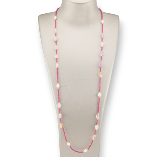 Collana Di Cristalli CZ Con Pietre Dure, Perle Di Fiume E Ematite 90cm Light Ruby