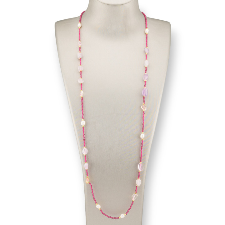 Collana Di Cristalli CZ Con Pietre Dure, Perle Di Fiume E Ematite 90cm Light Ruby
