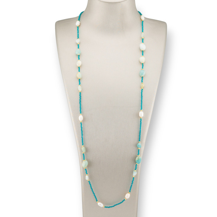 Collana Bijoux Di Cristalli CZ Con Pietre Dure, Perle Di Fiume E Ematite 90cm Ottanaio