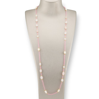Collana Bijoux Di Cristalli CZ Con Pietre Dure, Perle Di Fiume E Ematite 90cm Rosa