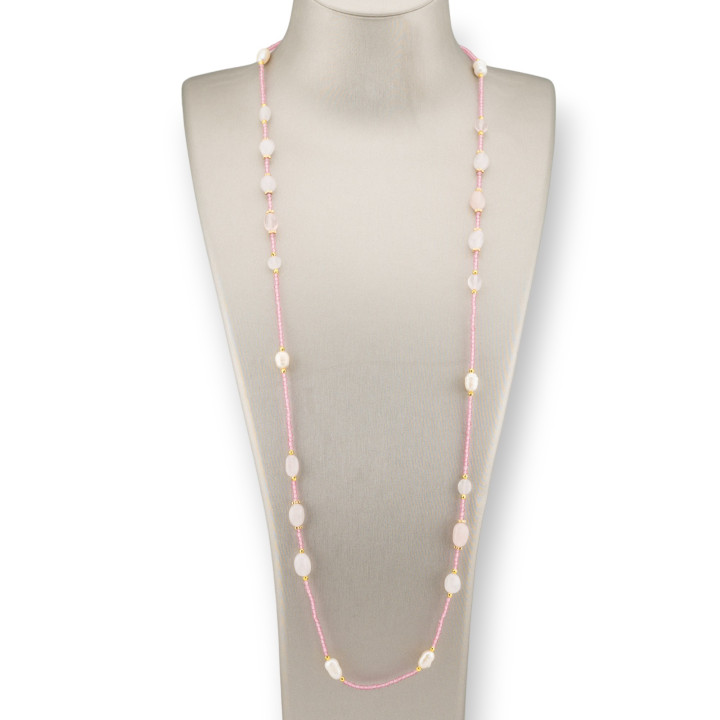 Collana Bijoux Di Cristalli CZ Con Pietre Dure, Perle Di Fiume E Ematite 90cm Rosa
