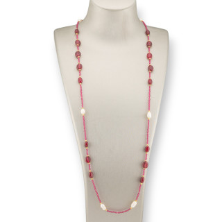 Collana Bijoux Di Cristalli CZ Con Pietre Dure, Perle Di Fiume E Ematite 90cm Rosso Ruby