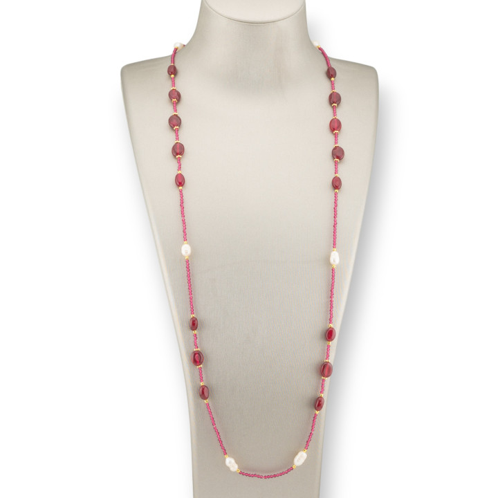 Collana Bijoux Di Cristalli CZ Con Pietre Dure, Perle Di Fiume E Ematite 90cm Rosso Ruby