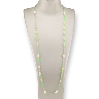 Collana Bijoux Di Cristalli CZ Con Pietre Dure, Perle Di Fiume E Ematite 90cm Verde Chiaro