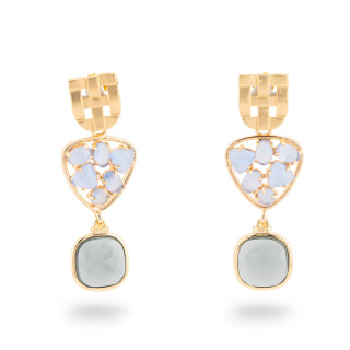 20x50mm Gold Light Blue Grey Cat's Eye Cabochon Bronze Stud Earrings