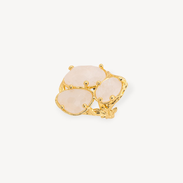 Bague Bronze Collection AURORA Avec 3 Pierres Naturelles 27x34mm Motif Floral Taille Ajustable Cristal de Roche Doré