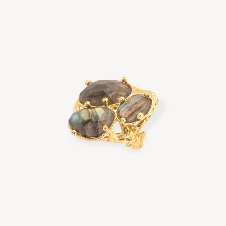 Bronze Ring AURORA Collection With 3 Natural Stones 27x34mm Floral Design Adjustable Size Golden Labradorite