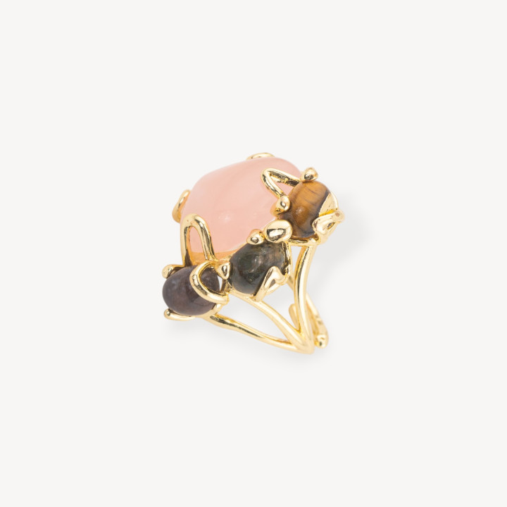 Bronze Ring AURORA Collection With 4 Natural Stones 26x31mm Adjustable Size Gold Rose Quartz