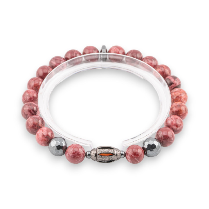 Elastisches Armband aus 8 mm Halbedelsteinen mit Hämatit und Diamant Cendrale Herrenlinie Imperial Red Jasper