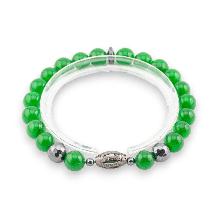 Pulsera Elástica De Piedras Semipreciosas De 8mm Con Hematites Y Diamantes Jade Verde Cendral Línea Hombre