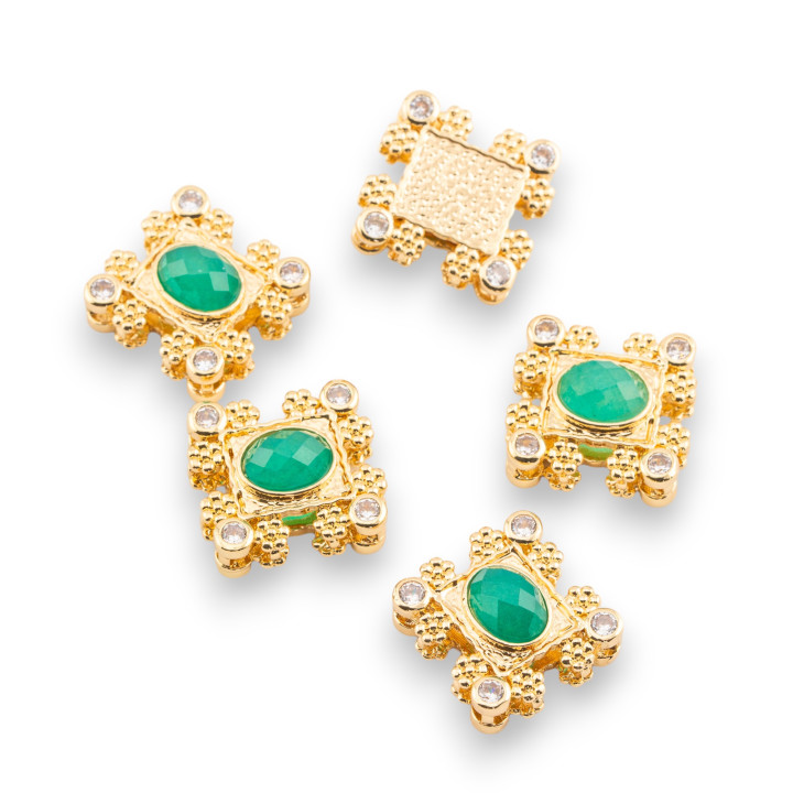 Multi-strand Bronze Central Component With Hard Stones And Zircons 16x17mm Single Side 5pcs Gold Green Agate