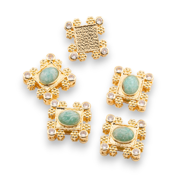 Multi-strand Bronze Central Component With Hard Stones And Zircons 16x17mm Single Side 5pcs Golden Amazonite