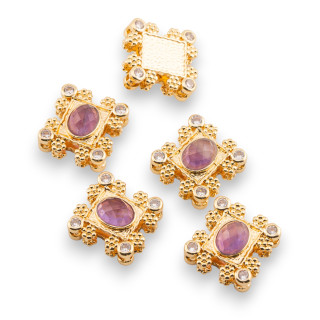 Multi-strand Bronze Central Component With Hard Stones And Zircons 16x17mm Single Side 5pcs Gold Plated Amethyst