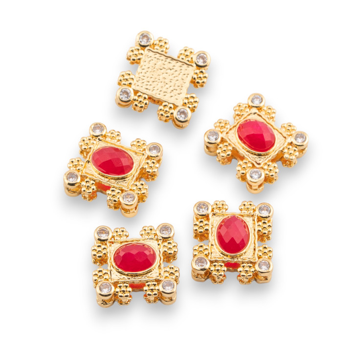 Componente Centrale Multifilo Di Bronzo Con Pietre Dure E Zirconi 16x17mm Singolo Lato 5pz Dorato Giada Rubellite
