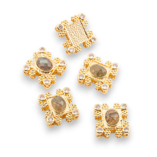 Κεντρικό Πολυσύρμα Χάλκινο Εξάρτημα Με Ημιπολύτιμες Πέτρες και Ζιργκόν 16x17mm Μονή Πλευρά 5τμχ Χρυσός Λαμπραδορίτης