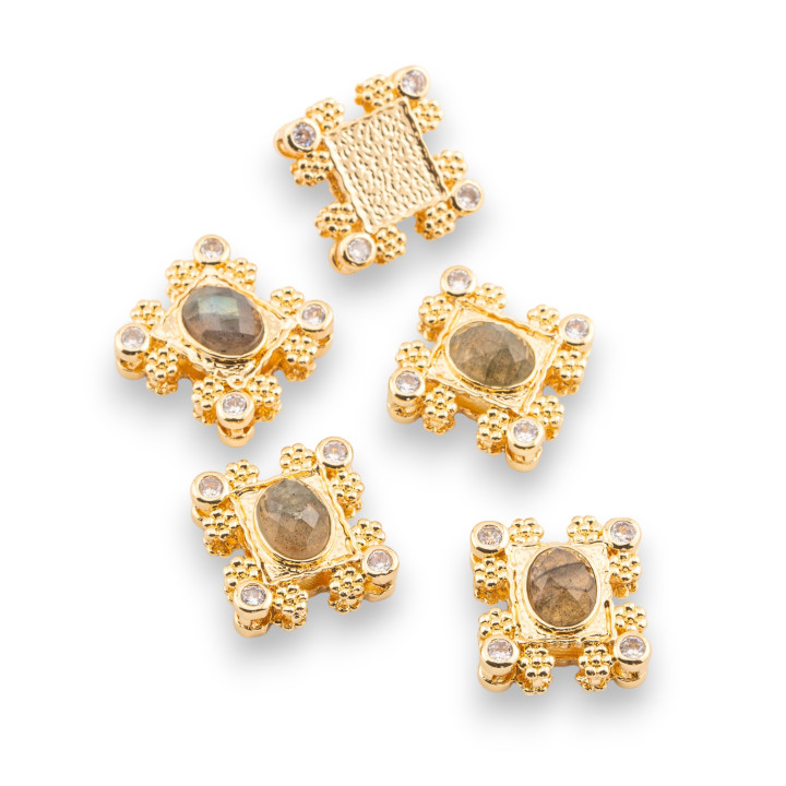 Composant central multifils en Bronze avec pierres semi-précieuses et Zircons, 16x17mm, simple face, 5 pièces, Labradorite dorée