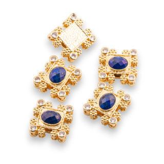 Κεντρικό Πολυσύρμα Χάλκινο Εξάρτημα Με Ημιπολύτιμες Πέτρες και Ζιργκόν 16x17mm Μονή Πλευρά 5τμχ Χρυσό Λάπις Λαζούλι