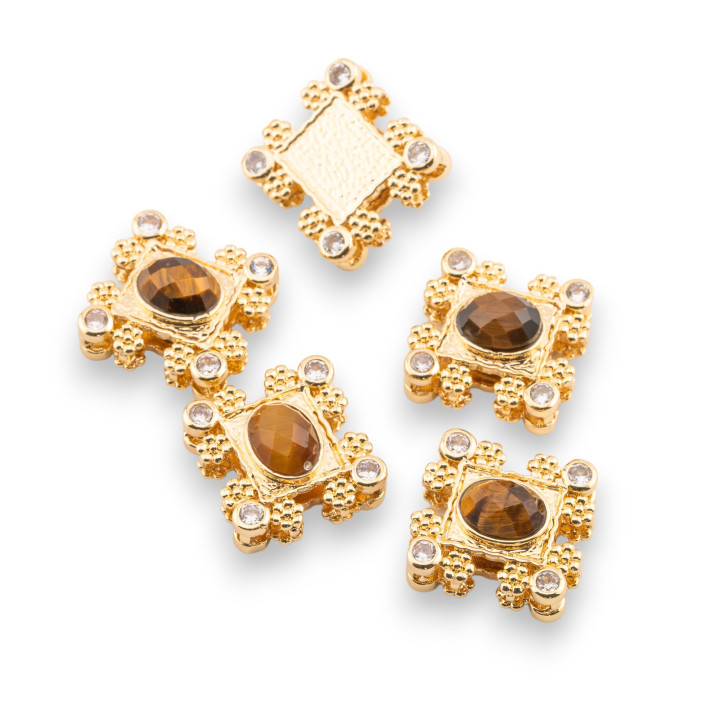 Multi-strand Bronze Central Component With Hard Stones And Zircons 16x17mm Single Side 5pcs Gold Tiger's Eye