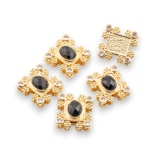 Componente Centrale Multifilo Di Bronzo Con Pietre Dure E Zirconi 16x17mm Singolo Lato 5pz Dorato Onice