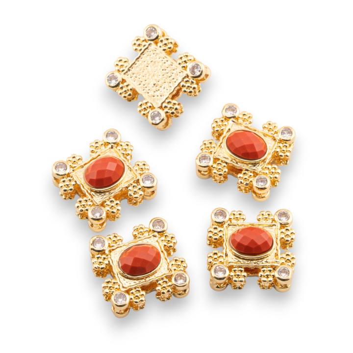 Componente central de bronce multicable con piedras semipreciosas y circonitas, 16x17mm, un solo lado, 5 uds., pasta de Coral ro
