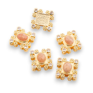 Multi-strand Bronze Central Component With Hard Stones And Zircons 16x17mm Single Side 5pcs Gold Pink Moonstone