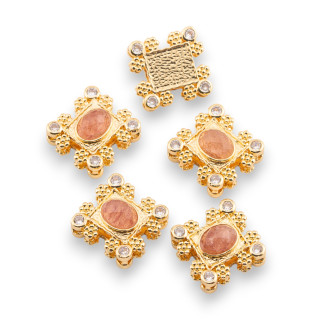 Zentrale Komponente aus mehrdrahtiger Bronze mit Halbedelsteinen und Zirkonen, 16 x 17 mm, einseitig 5 Stück goldener Erdbeerqua