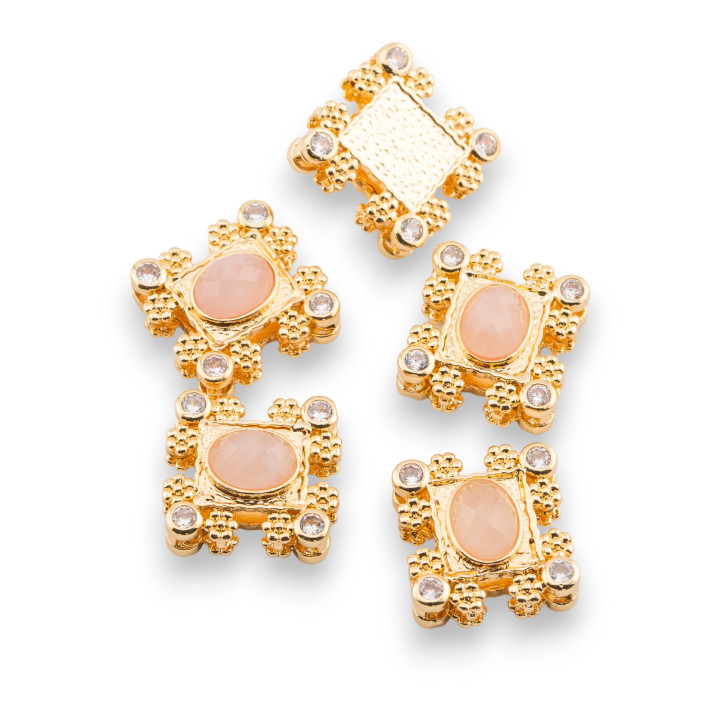 Componente Centrale Multifilo Di Bronzo Con Pietre Dure E Zirconi 16x17mm Singolo Lato 5pz Dorato Quarzo Rosa