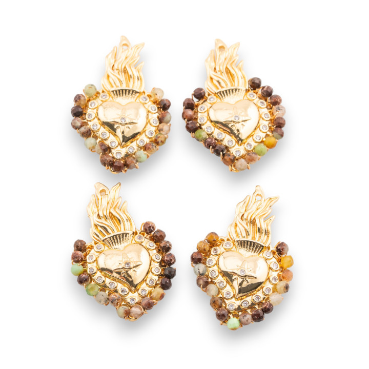 Multi-wire Bronze Central Component With Hard Stones And Zircons 18x30mm 4pcs Gold Mix