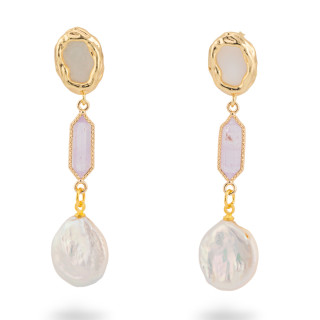Bronze Stud Earrings With Mother Of Pearl And Baroque River Pearls Amethyst Lavender