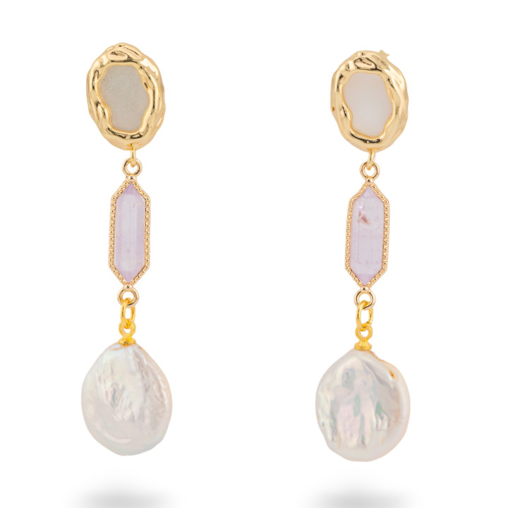 Χάλκινα καρφωτά σκουλαρίκια με Mother of Pearl και Baroque River Pearls Amethyst Lavender