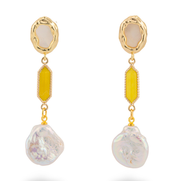 Pendientes de Bronce con Nácar y Perlas Barrocas de Río de Jade Amarillo
